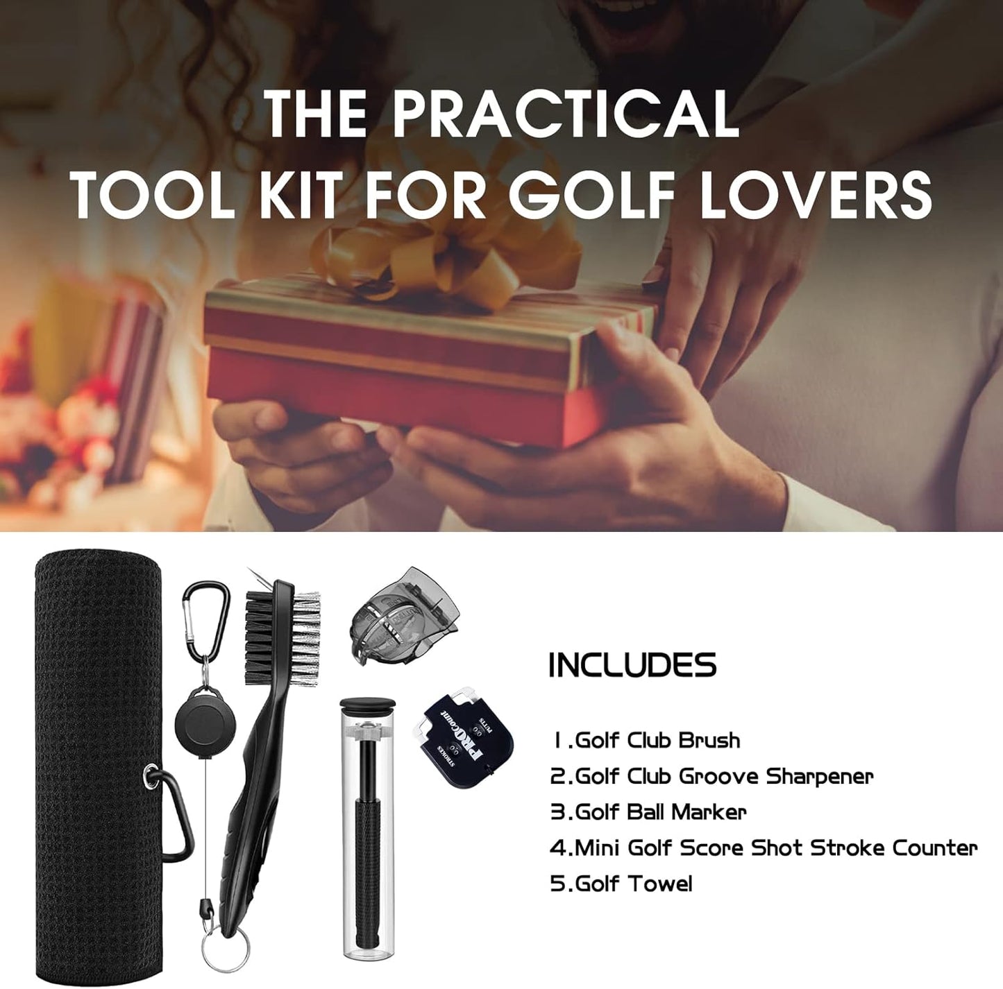 Golf Essentials Kit,Comes with a Golf Towel, Golf Club Cleaner,Golf Club Brush,Golf Club Groove Sharpener,Golf Ball Marker,Mini Golf Score Shot Stroke Counter