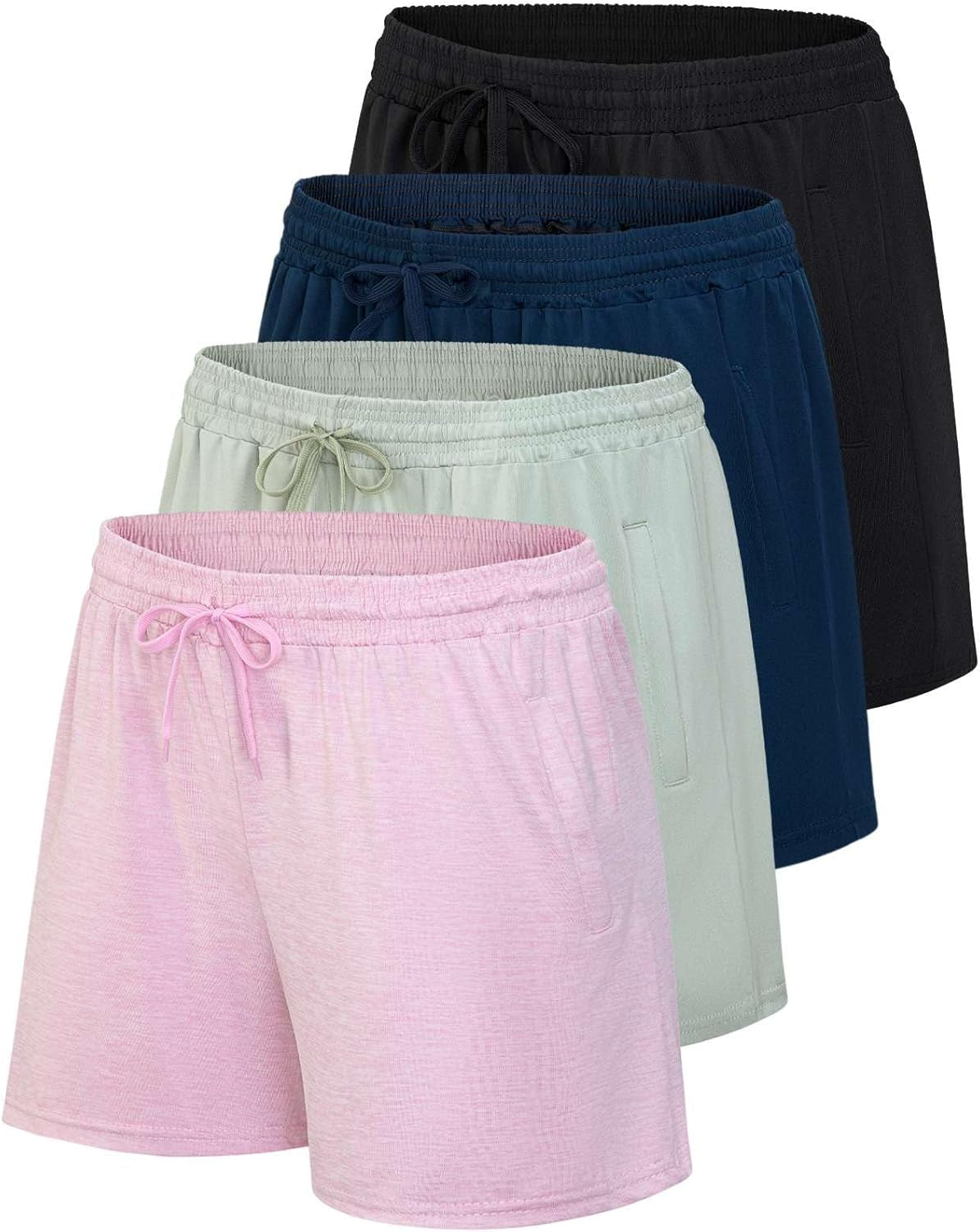 4 Pack: Womens Athletic Dry-Fit Lounge Shorts with Zipper Pockets (Available in plus Size)