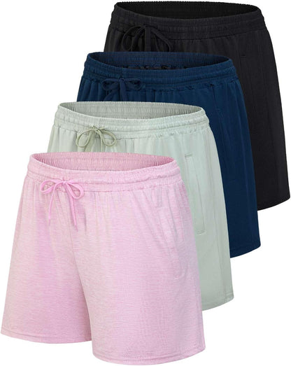4 Pack: Womens Athletic Dry-Fit Lounge Shorts with Zipper Pockets (Available in plus Size)