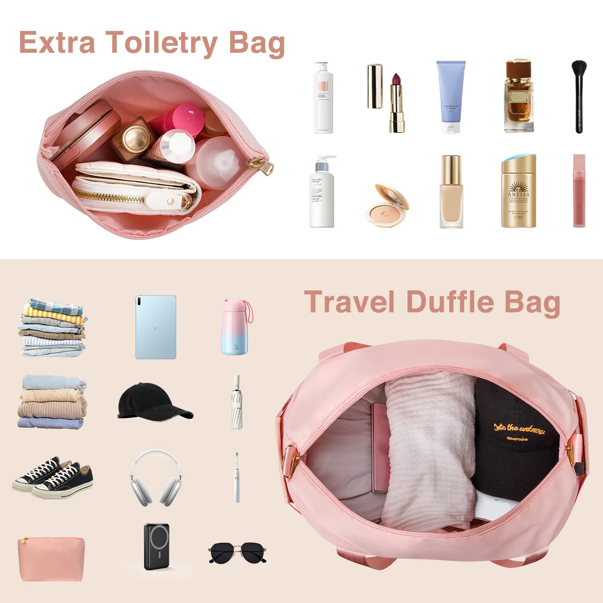 3Pcs Travel Duffle Bag, Tote Gym Bag with Shoes Compartment & Shoes Bag, Weekender Overnight for Women with Wet Pocket & USB Charging Port, Carry on Bag for Women, Travel, Gym, Weekend, Pink