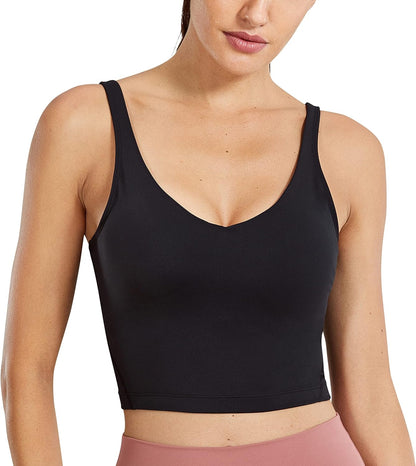 Womens V Neck Workout Tank Tops with Built in Bras - Cropped Padded Athletic Longline Sports Bra