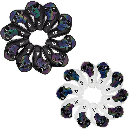 Golf Iron Covers 10Pcs,Golf Iron Head Covers Leather Golf Iron Covers Set Skeleton Golf Iron Headcovers,Long Neck Golf Club Head Covers for Iron with Magic Tape Fit All Brands