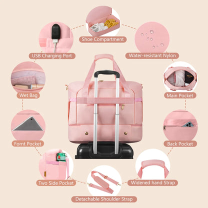3Pcs Travel Duffle Bag, Tote Gym Bag with Shoes Compartment & Shoes Bag, Weekender Overnight for Women with Wet Pocket & USB Charging Port, Carry on Bag for Women, Travel, Gym, Weekend, Pink