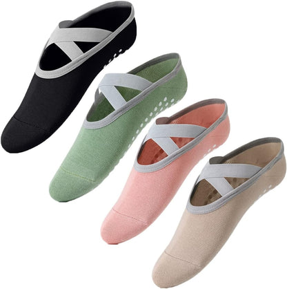 XCW Yoga Socks for Women Non-Slip Barre Socks with Straps Ballet Dance Socks for Yoga Pilates Ballet Barre Dance (4 Pairs-Black&Green&Khaki&Pink) 5-8