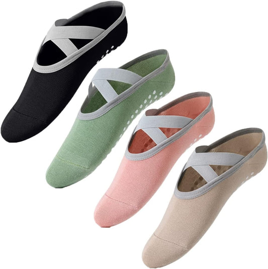 XCW Yoga Socks for Women Non-Slip Barre Socks with Straps Ballet Dance Socks for Yoga Pilates Ballet Barre Dance (4 Pairs-Black&Green&Khaki&Pink) 5-8