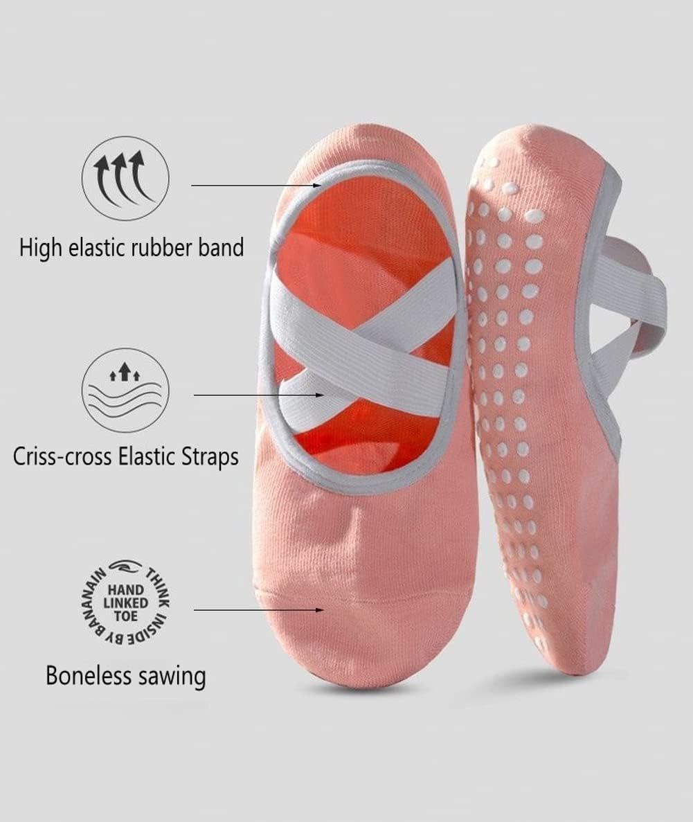 XCW Yoga Socks for Women Non-Slip Barre Socks with Straps Ballet Dance Socks for Yoga Pilates Ballet Barre Dance (4 Pairs-Black&Green&Khaki&Pink) 5-8