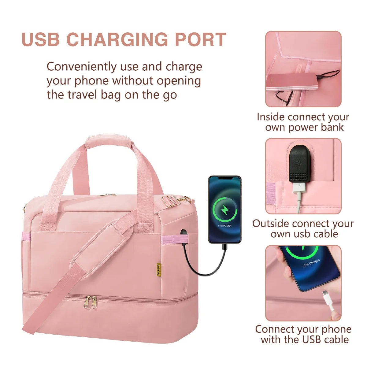 3Pcs Travel Duffle Bag, Tote Gym Bag with Shoes Compartment & Shoes Bag, Weekender Overnight for Women with Wet Pocket & USB Charging Port, Carry on Bag for Women, Travel, Gym, Weekend, Pink