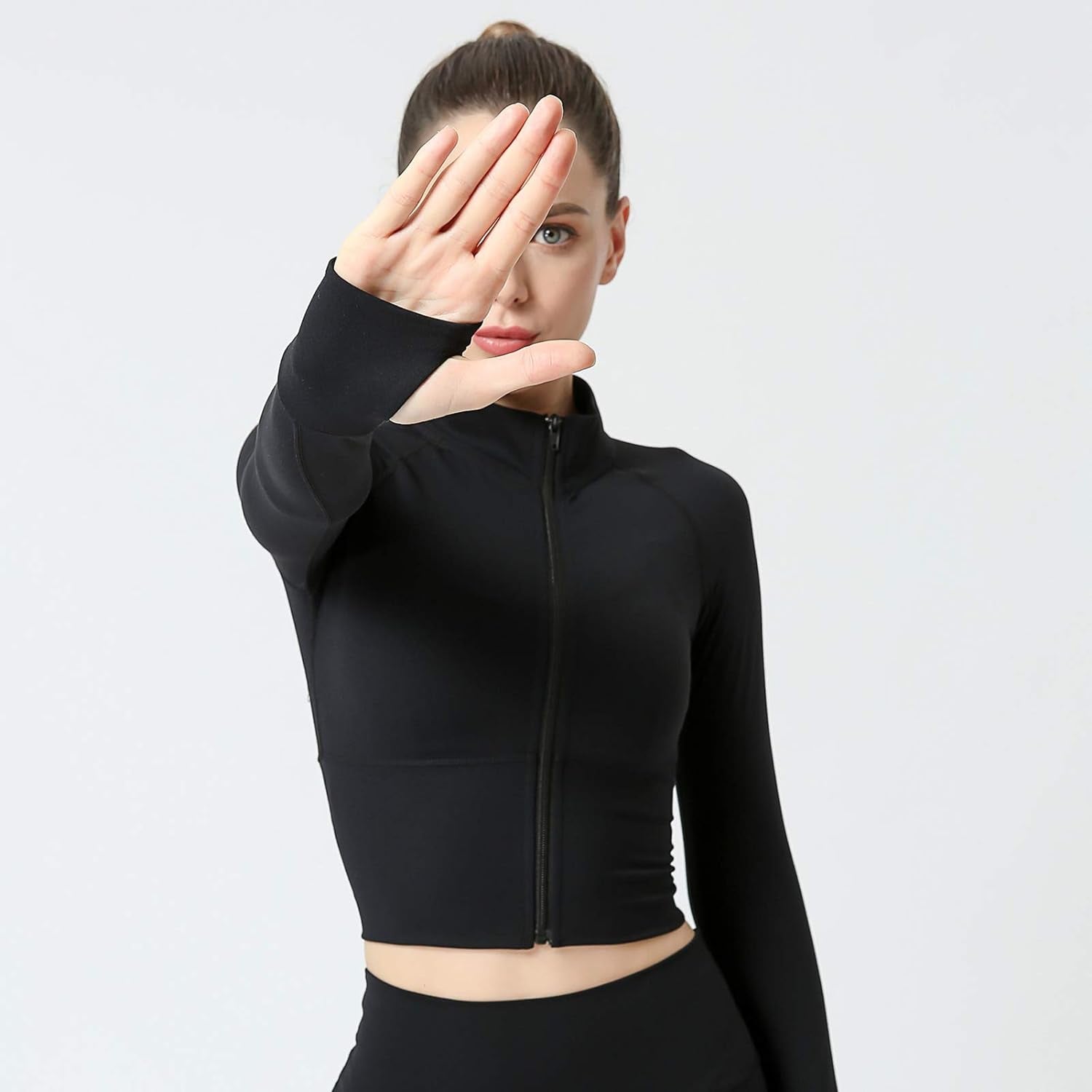 Women’ Athletic Jacket Full Zip up Tight Cropped Black Bodysuit Workout Crop Top Teen Girl Seamless Ribbed Lightweight Outerwear Tracksuit