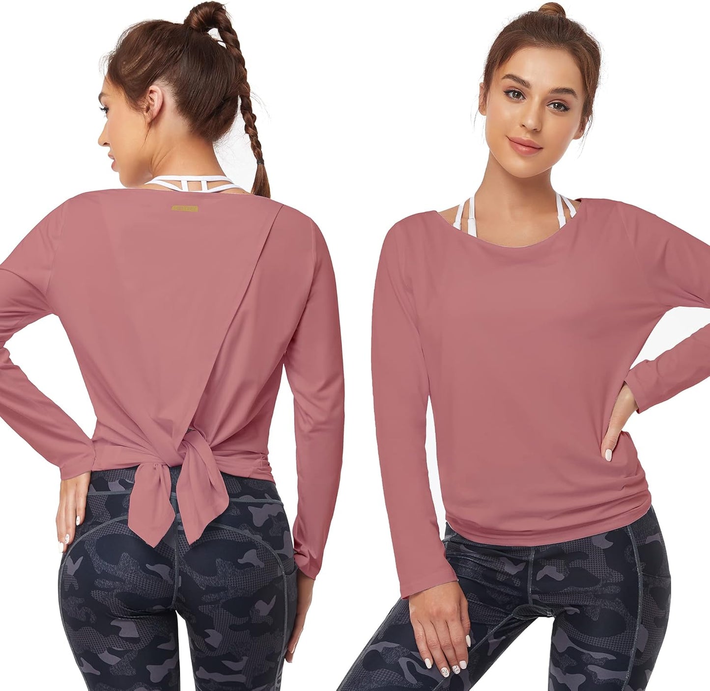 Open Back Workout Tops for Women Long Sleeve Yoga Tops Split Back T-Shirts Athletic Tunis Tops Athleisure Womens Clothes for Gym Running Exercise Sports Pink X-Small