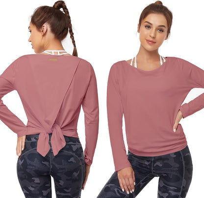 Open Back Workout Tops for Women Long Sleeve Yoga Tops Split Back T-Shirts Athletic Tunis Tops Athleisure Womens Clothes for Gym Running Exercise Sports Pink X-Small