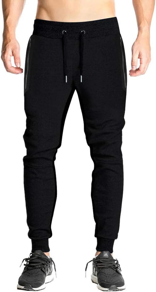 Men'S Joggers Breathable Cotton Mesh Pants Slim Fit Trousers with Zipper Pockets Black