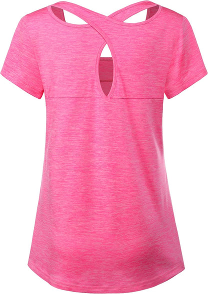 Woman Short Sleeve round Neck Criss Cross Back Yoga Shirt