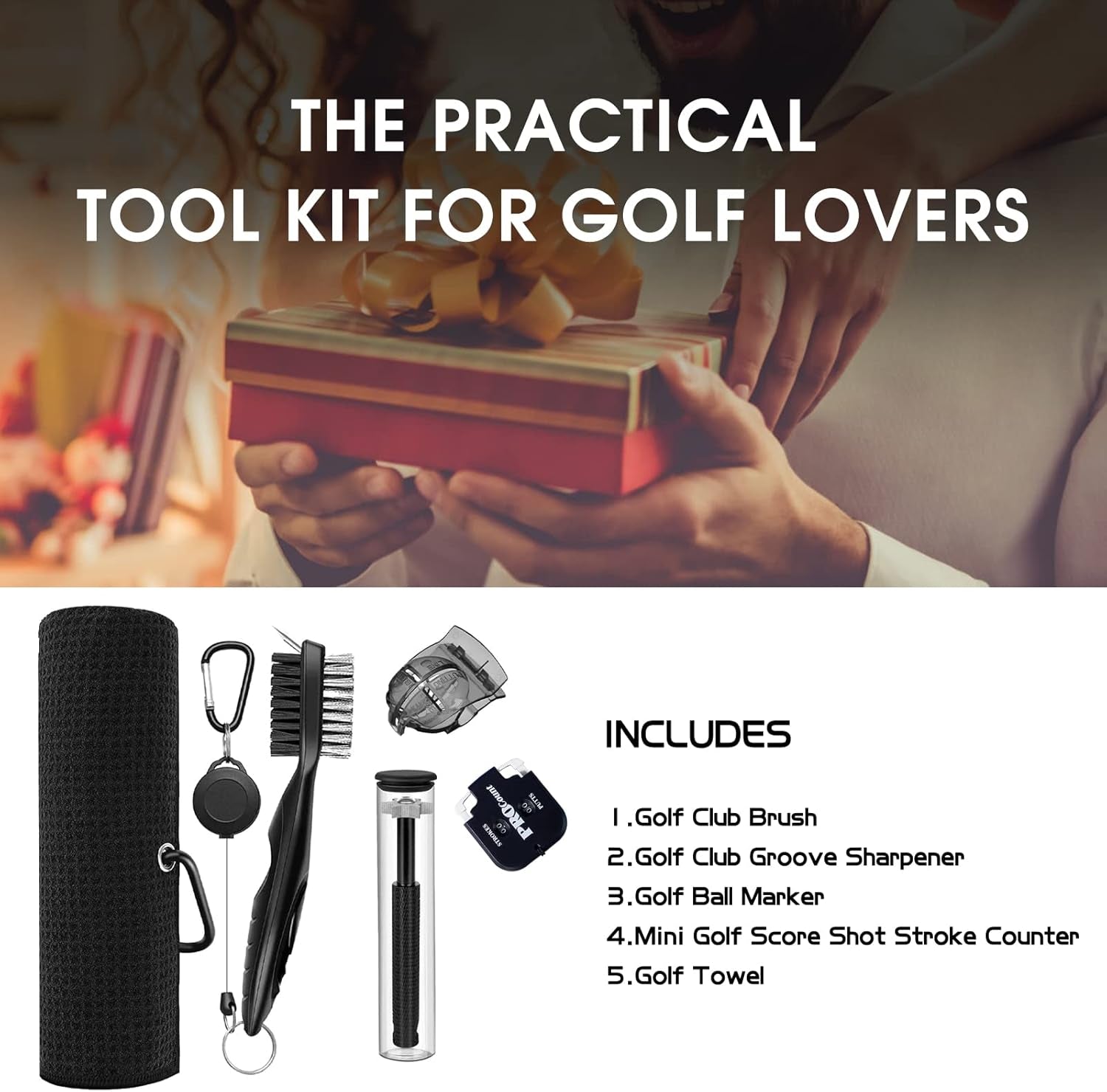 Golf Essentials Kit,Comes with a Golf Towel, Golf Club Cleaner,Golf Club Brush,Golf Club Groove Sharpener,Golf Ball Marker,Mini Golf Score Shot Stroke Counter