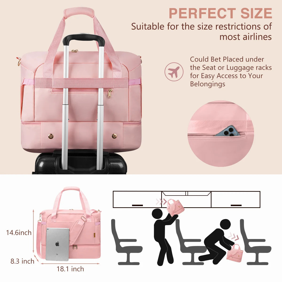 3Pcs Travel Duffle Bag, Tote Gym Bag with Shoes Compartment & Shoes Bag, Weekender Overnight for Women with Wet Pocket & USB Charging Port, Carry on Bag for Women, Travel, Gym, Weekend, Pink