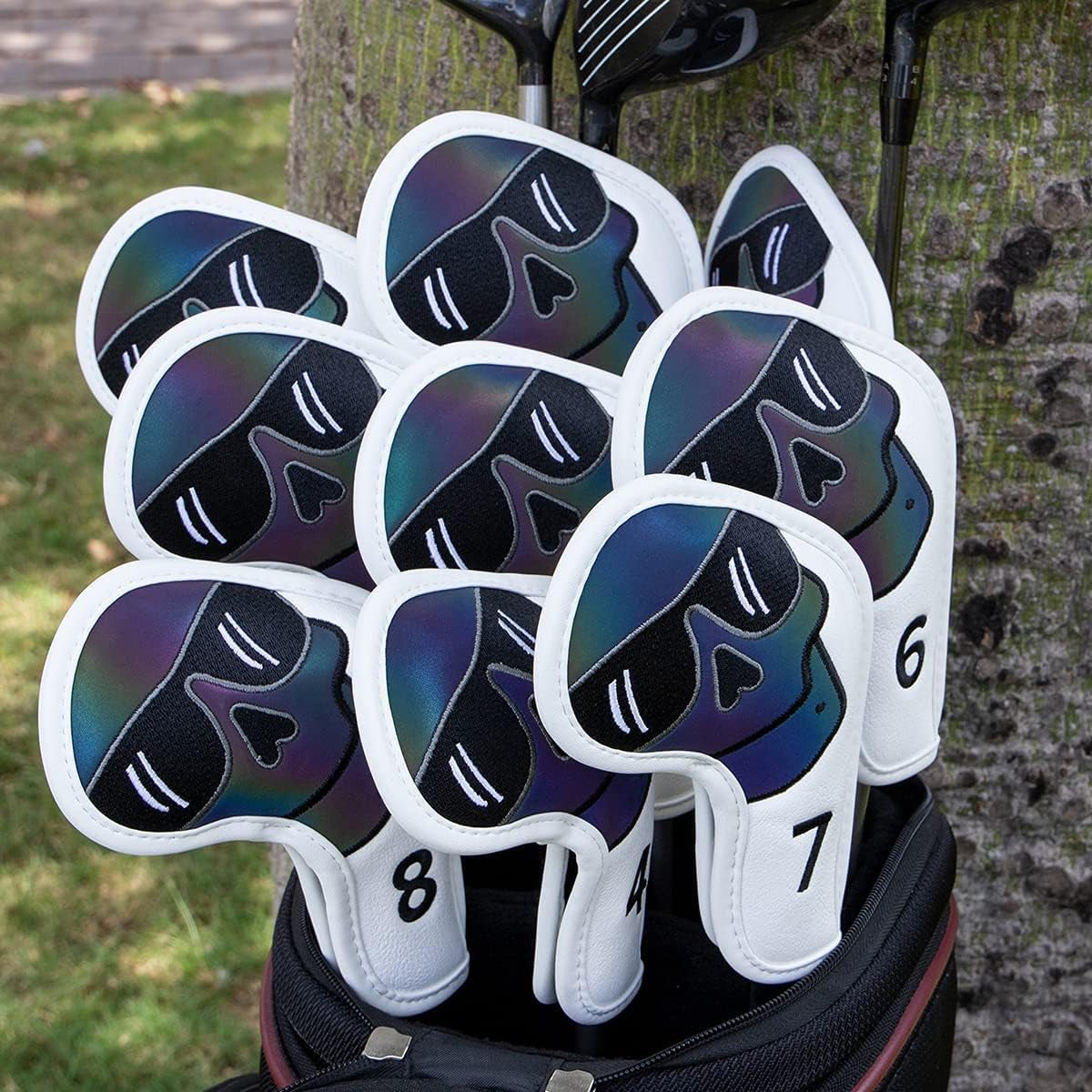 Golf Iron Covers 10Pcs,Golf Iron Head Covers Leather Golf Iron Covers Set Skeleton Golf Iron Headcovers,Long Neck Golf Club Head Covers for Iron with Magic Tape Fit All Brands