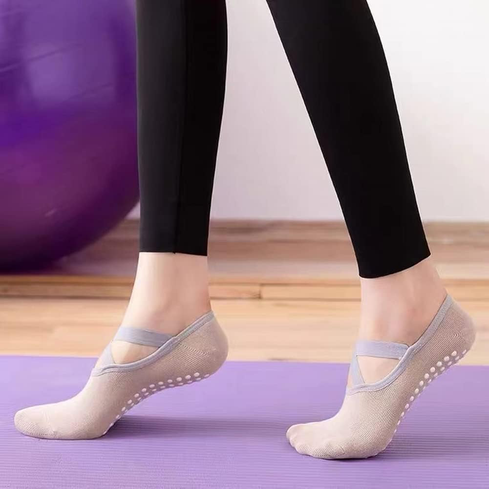 XCW Yoga Socks for Women Non-Slip Barre Socks with Straps Ballet Dance Socks for Yoga Pilates Ballet Barre Dance (4 Pairs-Black&Green&Khaki&Pink) 5-8